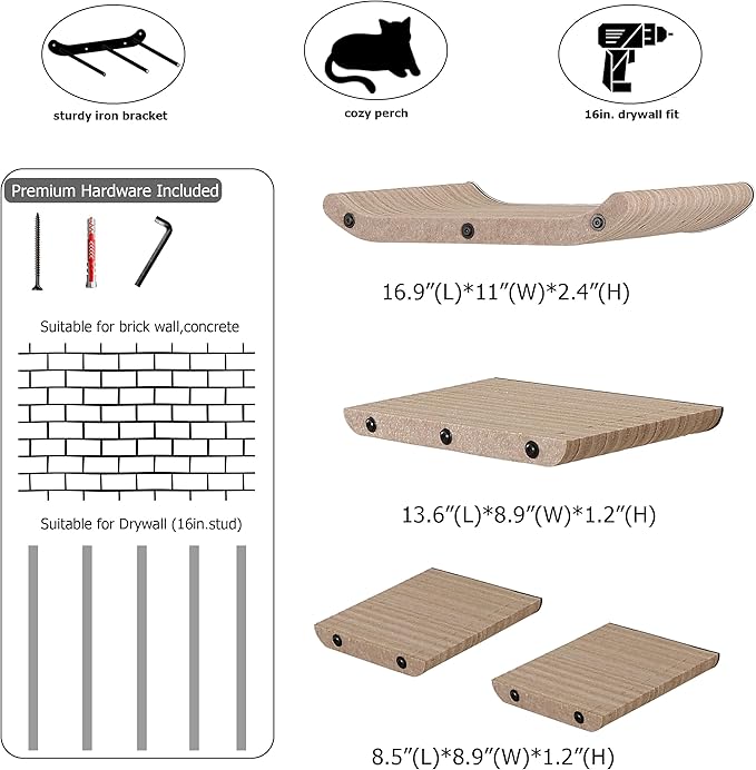 Wall Mounted Cat Shelves and Perches,Scratcher Cat Beds & Furniture for Indoor Cats, Soft PET Felt Feline Climbing Wall Set, Modern Jungle Gym System for Lounging and Sleeping(Set of 4-Oatmeal)