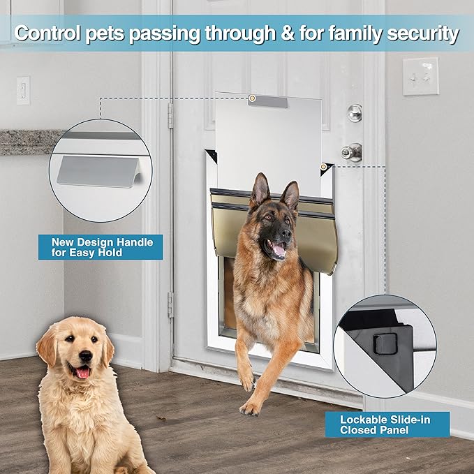Extra Large Dog Door for Walls Heavy Duty Aluminum Doggy Door with Telescoping Tunnel Energy Efficient Double Flaps Pet Door for Large and Extra Large Doggies Up to 220 lbs, Weatherproof