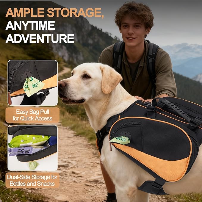 Dog Backpack Harness Suitable for Small Dogs, Adjustable Lightweight Pet Harness, Dog Carrying Bag Built-in Poop Bag Dispenser, Waterproof and Safe, Suitable for Hiking, Or Daily Walks, S