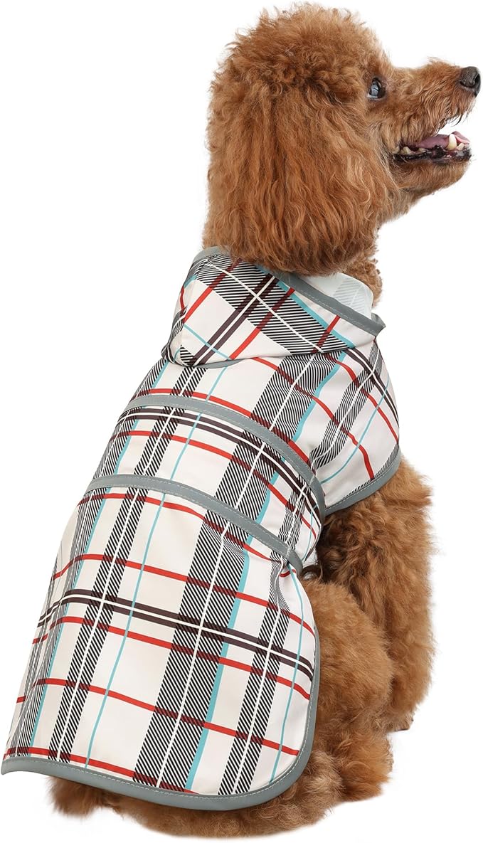 Dog Raincoats for Small Dogs Puppies Waterproof Hooded Rain Jacket with Reflective Strips Leash Hole & Poncho Adjustable Fit (Plaid,S)