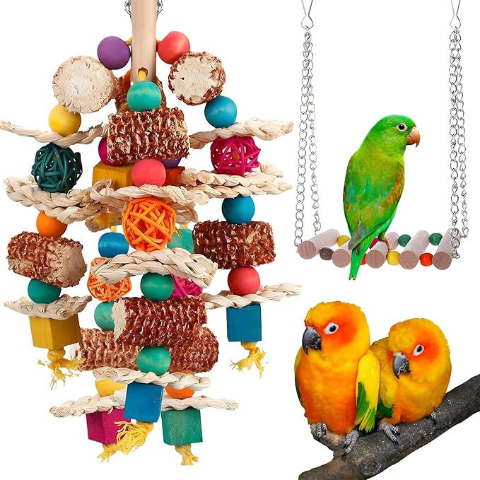 2 pcs Parrot Toys, Natural Corn Cob Bird Chewing Toys and Bird Swing Toy, Bird Cage Accessories for Cockatiels, African Grey Parrots, Macaws, Sun Conure to Exercise Beak Strength