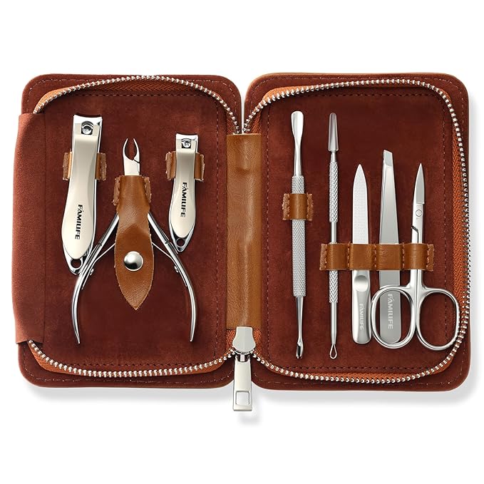 FAMILIFE Manicure Set, Nail Clippers Pedicure Tool, 8 pcs Stainless Steel Manicure Kit Professional Grooming Tool, Nail Kit with Portable Brown Leather Travel Case Luxury Gifts for Men