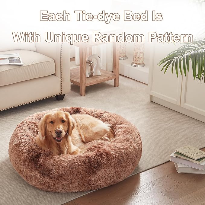 36 inches Donut Dog Bed for Large Dogs - Calming Fluffy Round Pet Bed with Removable & Washable Cover,Fits up to 80 lbs Pets (Tie-dye Brown,Large)