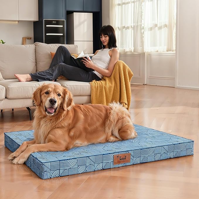 Outdoor Orthopedic Dog Bed for Extra Large Dogs, XL Waterproof Flat Pet Bed 44x32 Inch, Egg Crate Foam with Removable Washable Oxford Cooling Cover, White Blue