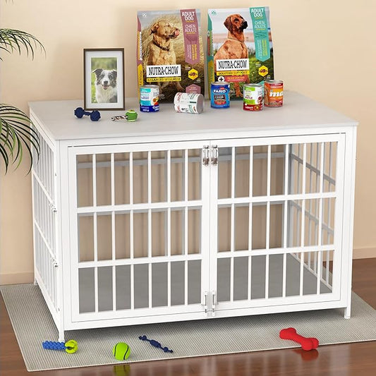 Heave Duty Dog Crate Furniture, Various Sizes & Colors Optional, Indestructible Cage for High Anxiety Dogs with Wooden Table for Indoor Decorative, Escape-Proof Locks & Double Door for Large XXL Dogs