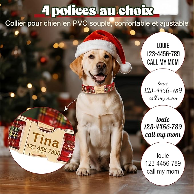 Christmas Personalized Dog Collar with Metal Buckle, Christmas Collar Customized with Name and Phone Number, Adjustable Sizes for Small Dogs, Medium, and Large