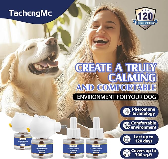 Dog Calming Pheromones Diffuser, 6 in 1 Kit Appeasing Pheromone Diffuser to Calm Dogs, Dog Anxiety Relief Lasting 120 Days with 2 Diffuser + 4 48ml Refill