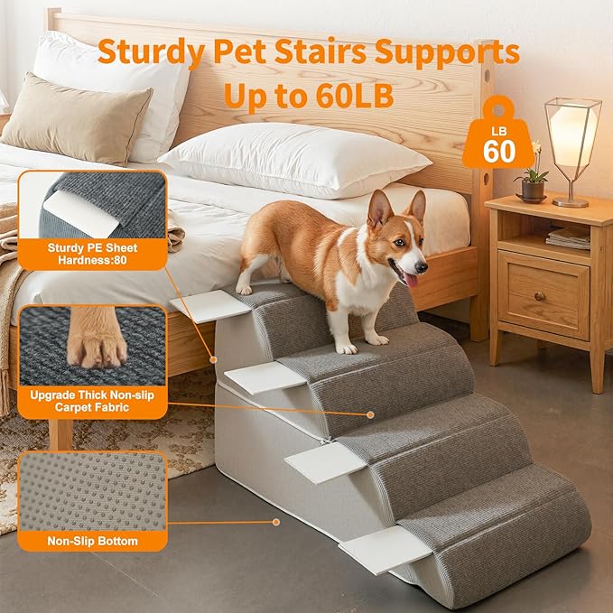 4-Steps Dog Stairs for Bed and Couch 16.9" H, Wider Pet Stairs for Small Old Large Dogs Cats, 30°Steady Non-Slip Dog Steps, Washable Dog Ramp with Removable Cover, PE Boards