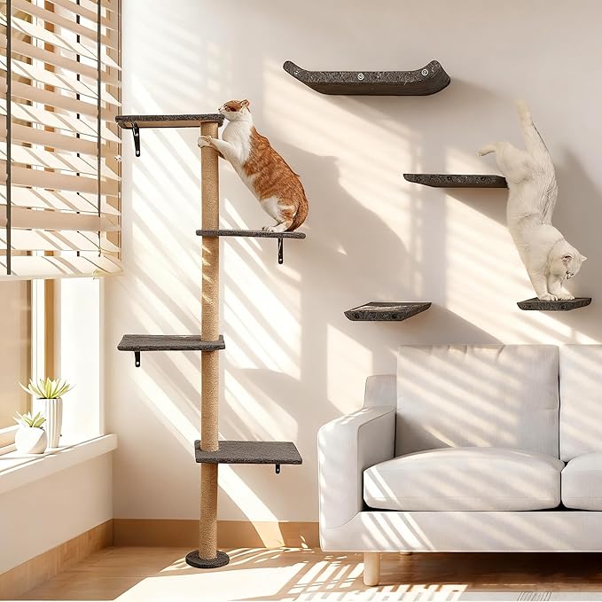 Wall Mounted Cat Shelves and Perches,Scratcher Cat Beds & Furniture for Indoor Cats, Soft PET Felt Feline Climbing Wall Set, Modern Jungle Gym System for Lounging and Sleeping(Set of 4-Grey)