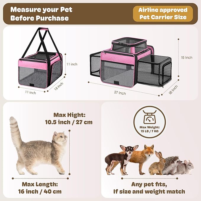 Top and 2 Sides Expandable Cat Carrier 18x11x11, TSA Airline Approved Dog Carriers for Medium Dogs, Soft-Sided Pet Carrier with Self-Locking Zippers for Kitten,Rabbit, Puppy, Guinea Pig Pink