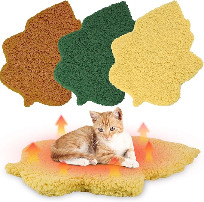 3 Pack Self Warming Cat Dog Bed Leaf Shape Self Heating Pet Mat Non Electric Washable Thermal Sleeping Pad Plush Heated Pet Mat for Crate Floor Indoor Outdoor(Mixed Colors,Small-16 x20)