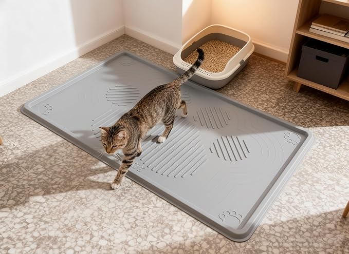 ISSEVE Cat Litter Mat 40" x 28" XL, Extra Large Silicone Mat for Litter Box, 1.38" Raised Edge Urine Waterproof Litter Trapping Mat Pad for Scatter Control, Soft on Kitty Paws, Protect Floor (Grey)
