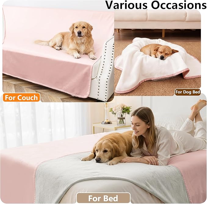 Waterproof Blanket for Bed, Leak Proof Dog Couch Blankets Reversible, Pet Throw Sofa Furniture Protector Machine Washable-82 x120,Pink+Cream