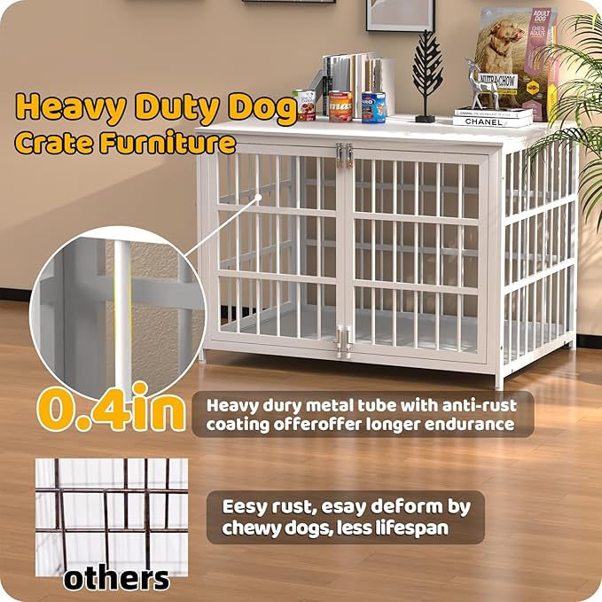 Heave Duty Dog Crate Furniture, Various Sizes & Colors Optional, Indestructible Cage for High Anxiety Dogs with Wooden Table for Indoor Decorative, Escape-Proof Locks & Double Door for Large XL Dogs