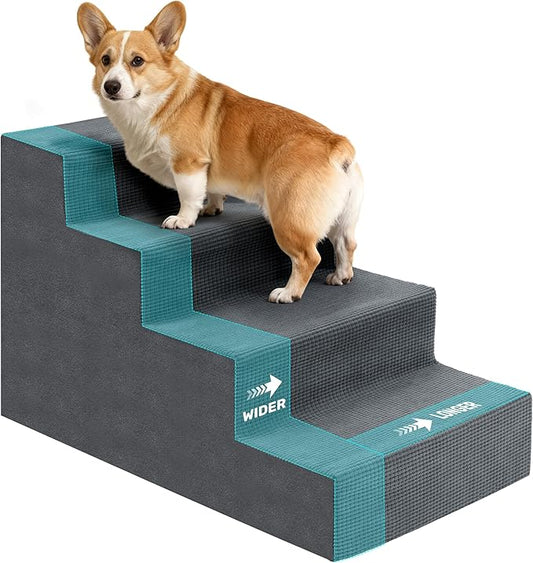 Dog Stairs for Bed, Extra Wide 4-Step Dog Steps for High Bed, High-Density Foam Pet Stairs with Non-Slip Removable Washable Cover for Small Pets, 18" H, Grey