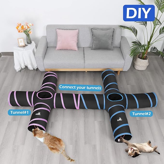 Pawaboo Cat Toys - 4 Way Cat Tunnel, Tube & Play Tent, 25x53cm, Extensible, Interactive Maze with Balls & Bells for Kitten & Small Animal, Blue