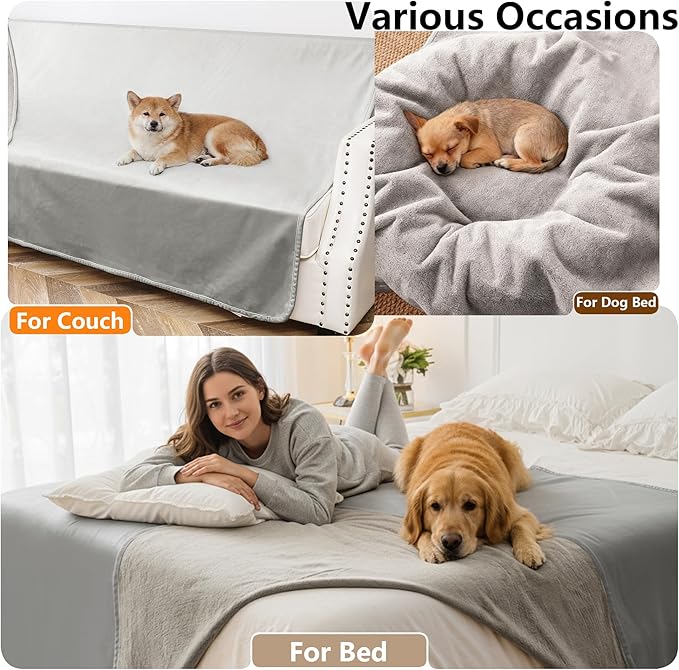 Waterproof Blanket for Couch, Leak Proof Dog Bed Blankets Reversible, Pet Throw Sofa Furniture Protector Machine Washable-68 x82,Light Grey+Dark Grey