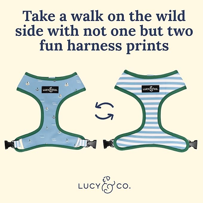 Lucy & Co. Set Sail Reversible Harness, Walking Halter - Best Designer Pet Harnesses for Medium Dogs - Padded Adjustable Vest for Easy Walking, Medium, Blue & White Stripes & Sailboats