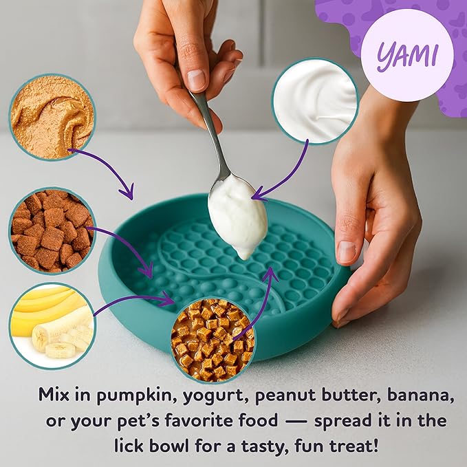 YAMI Bowl Lick Mat for Dogs & Cats, Slow Feeder Bowls, Cat Slow Feeder, Dog Enrichment Toys with Suction Cup for Anxiety Relief, Food-Grade Silicone, Dishwasher Fit, for All Breed (Dark Teal)