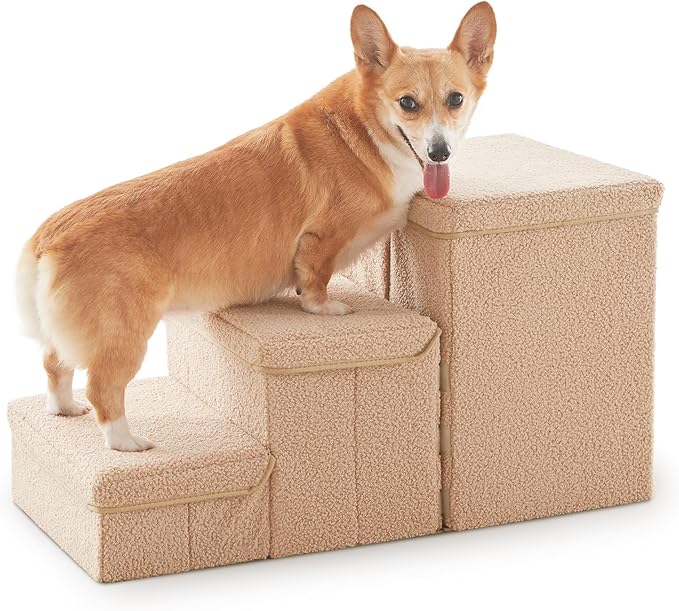 Dog Stairs with Storage, 3-Step Sturdy Dog Steps for Small Medium or Large Older Dogs Cats, Folding Pet Stairs Climbing Sofas, high beds, Windows and Cars (Beige, No Condo,16.7" H)