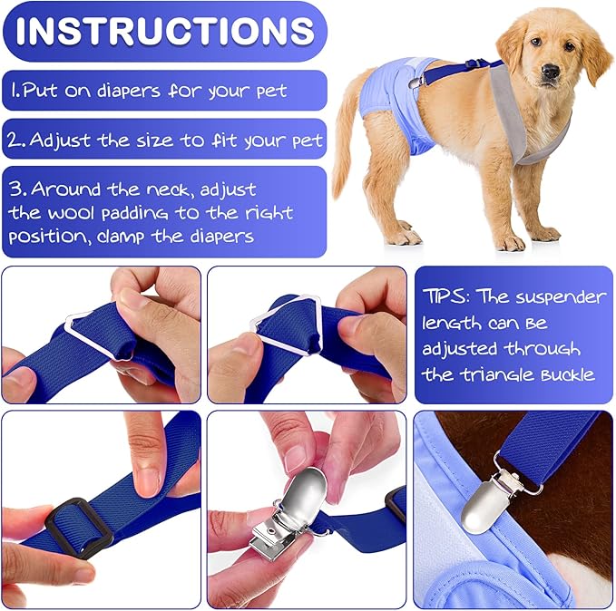 Saintrygo 2 Pcs Dog Suspenders for Diapers Female Male Belly Bands Canine Harness Keep Diaper on Your Pet for Small Medium and Large Dogs(Black, Blue,Medium)