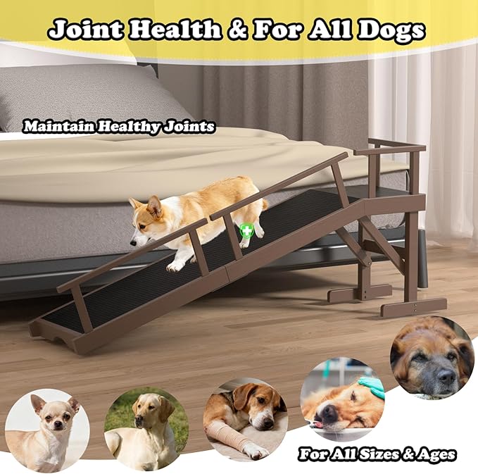 20" Height Dog Ramp for Bed, 61" Long Large Pet Ramp with Non-Slip Surface, Wooden Dog Ramp with Removable Rail & Rest Platform, Also as Dog Stairs for Small Senior Dogs with Glow Strips, Brown