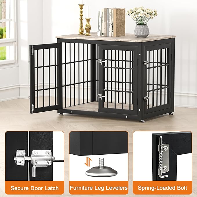 32 Inch Heavy Duty Dog Crate Furniture for Medium and Small Dogs, Decorative Pet House End Table, Wooden Cage Kennel Furniture Indoor, Grey