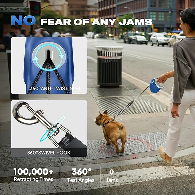 Fida 30ft Upgraded Retractable Dog Leash, Heavy Duty Pet Walking Leash for Medium/Large Breed up to 110 lbs, 360° Tangle-Free Long Retract Dog Lead, Soft Grip, One-Hand Brake, Blue