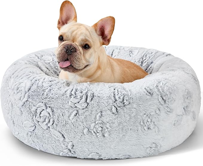 Dog Calming Beds for Small Medium Large Dogs - Round Donut Washable Puppy Dog Bed, Anti-Slip Faux Fur Fluffy Donut Cuddle Anxiety Cat Pet Bed (24" Rose)