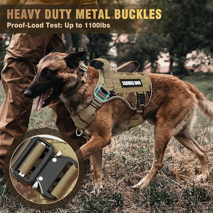 WINSEE Tactical Dog Harness for Large Dog, Heavy Duty Service Dog MOLLE Vest with 10 Pet Patches, No Pull Military Working Vest for Training Hunting Walking