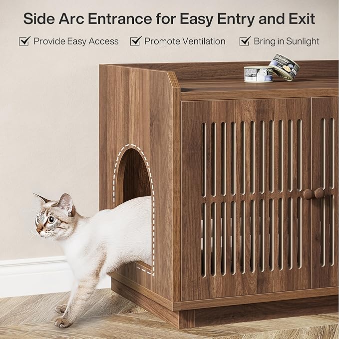 Tribesigns 2 Cats Litter Box Enclosure, 55.1-Inch Extra Large Hidden Litter Box Furniture with 2 Cabinets and Side Entry, Wooden XL Cat Washroom Furniture with Storage for Living Room, Rustic Brown