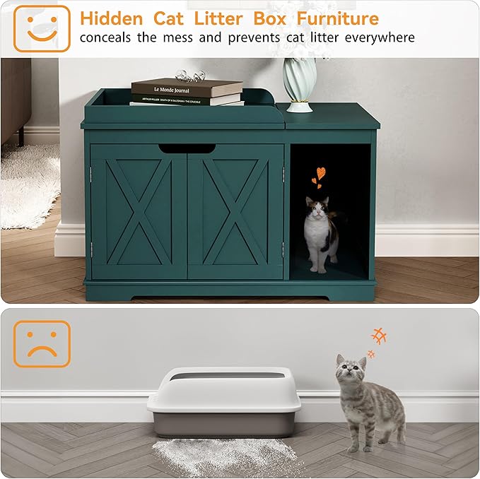 Flip Top Cat Litter Boxes Enclosure Covered Litter Box Hidden Furniture Wooden Cat Washroom Cabinet for Kitty, Medium and Large Cat Green