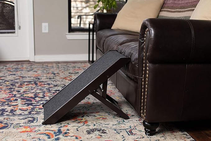 BIRDROCK Home Adjustable Pet Ramp for Small Dogs, Cats, Puppies - Foldable Wooden Dog Ramp for Couch, Bed, Car - Indoor or Outdoor- Safe, Portable, Non-Slip Carpet - 13", Espresso