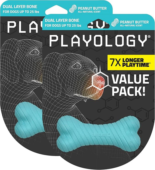 Playology Dog Toys | Dual Layer Bone Durable Chew Toy Bone for Dogs (Value 2-Pack) | Small Peanut Butter Scented Toy - Easy to Clean and Made from Non Toxic Materials