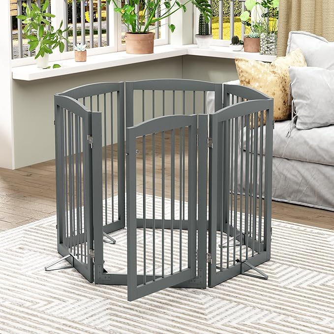 Freestanding Pet Gate with Door, Tall Dog Gate for House, Extra Wide, Pet Puppy Safety Fence, Support Feet Included, 120 Inch Wide, 6 Panels 32" Tall, Gray