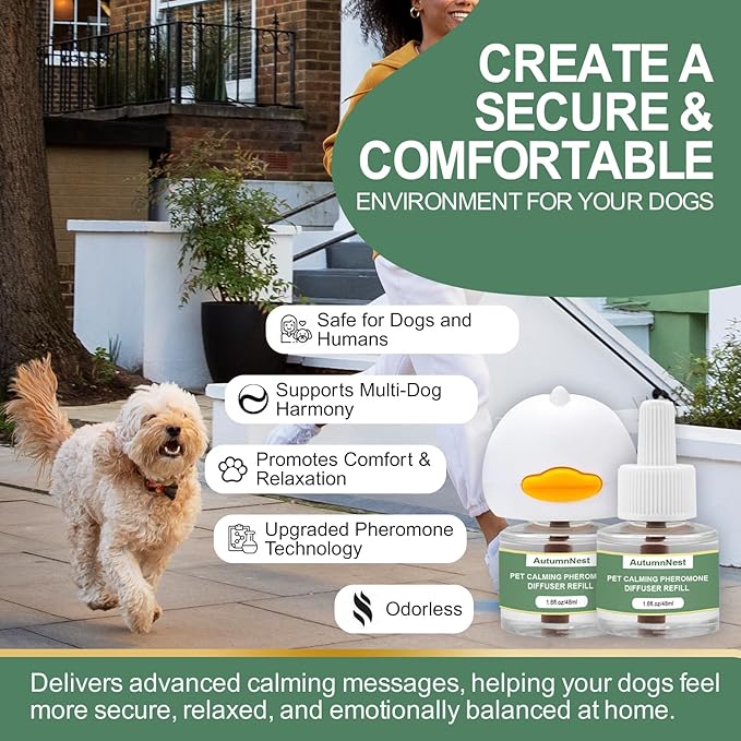 4-Pack Dog Calming Diffuser Kit (1 Diffuser + 3 Refills), Plug-in Pheromone Calming Diffuser for Dog, 90-Day Supply, Covers 700 sq ft, Safe & Odorless Stress Relief Solution, Promotes Relaxed Behavior