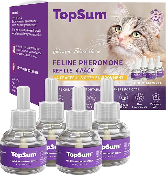 TopSum Cat Pheromones Calming Diffuser Refill: Premium Pheromone Diffuser for Cats - Cat Pheromones Diffuser - Cat Calming Diffuser - Cat Calming Pheromone Diffuser (4 Refills New)