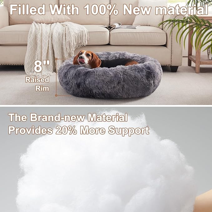 33 inches Donut Dog Bed for Medium Dogs,Calming Fluffy Round Pet Bed with Removable & Washable Cover,Fits up to 65 lbs Pets(Tie-dye Grey,M Plus)