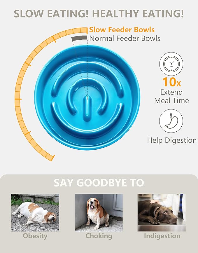 Ceramic Slow Feeder Dog Bowls, 2.0 Cups Slow Feeder for Medium and Large Dogs, Puzzle Maze Bowl to Slow Down Eating, 30oz, 8in, Blue