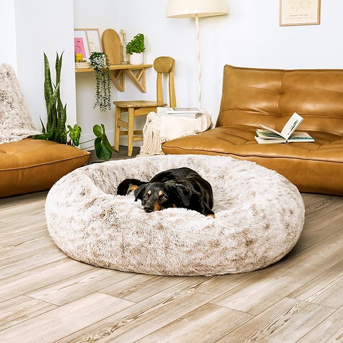 Furhaven 45" Round Calming Donut Dog Bed for Large Dogs, Refillable w/Removable Washable Cover, for Dogs Up to 90 lbs - Shaggy Plush Long Faux Fur Donut Bed - Driftwood Brown, Jumbo/XL