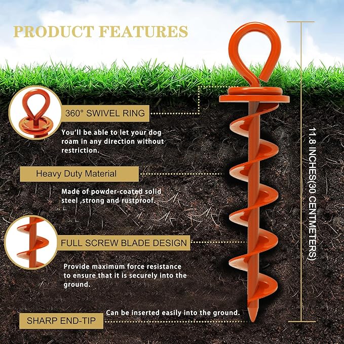 Eurmax USA Heavy Duty Dog Tie Out Stake for Large Dogs up to 210 lbs,Dog Stakes for Outside,Ground Anchor for Dog Leash,Runner Cable, and Pet Gadget Dog Accessories Trampoline Stakes(2,Medium,Orange)