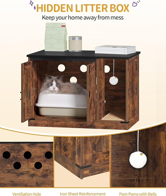 Cat Litter Box Enclosure, Hidden Litter Box Cabinet Furniture with Bell, Indoor Cats House, Farmhouse Style, 31.5 x 19.7 x 20.9Inches, for Hallway, Bedroom, Rustic Brown and Black CB82401X