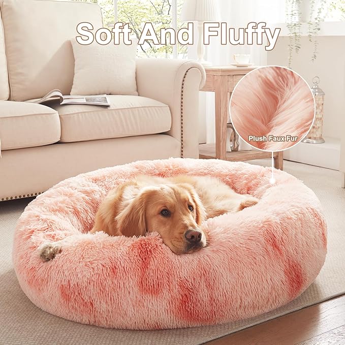 36 inches Donut Dog Bed for Large Dogs - Calming Fluffy Round Pet Bed with Removable & Washable Cover,Fits up to 80 lbs Pets (Tie-dye Pink,Large)