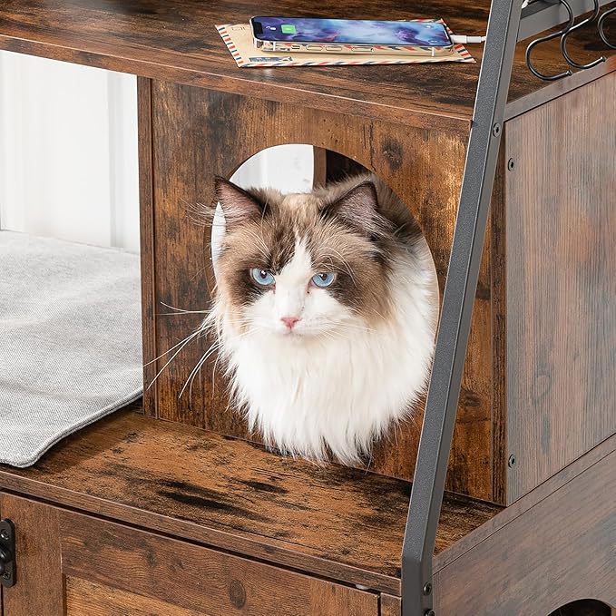 HOOBRO Litter Box Enclosure with 2 Storage Shelves, Tall Litter Box Furniture Hidden with Charging Station, Indoor Hidden Litter Box Furniture with Plush Mat, Rustic Brown and Black BF70UMW01