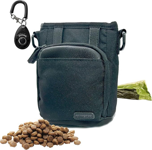 BEAU&FUR Small Dog Treat Pouch with Clicker for Training – 2 Cup Capacity, Built-In Poop Bag Dispenser, Storage for Snacks and Toys - Hands-Free Pouch Snack Holder for Walking and Training – Black