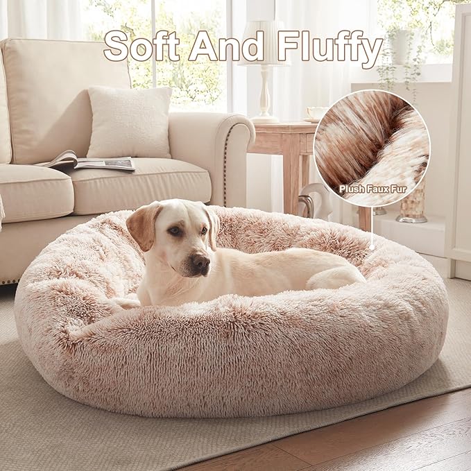 45 inches Donut Dog Bed for Extra Large Dogs,Calming Fluffy Round Jumbo Pet Bed with Removable & Washable Cover, Fits up to 120 lbs Pets (Brown,XL)