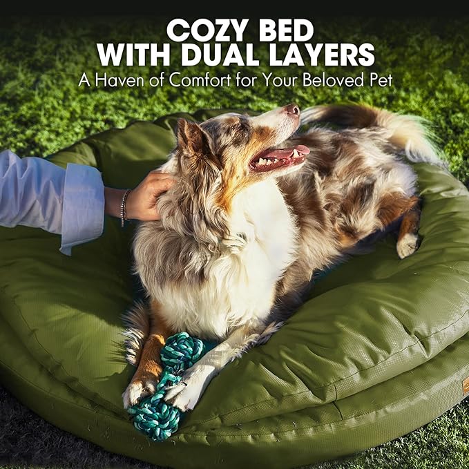ClevaHome Orthopedic Dog Bed for Large Dogs, 42 inches Dual Layer Water Repellent Round Pet Bed with Washable Cover Nonslip Bottom (Olive Branch)