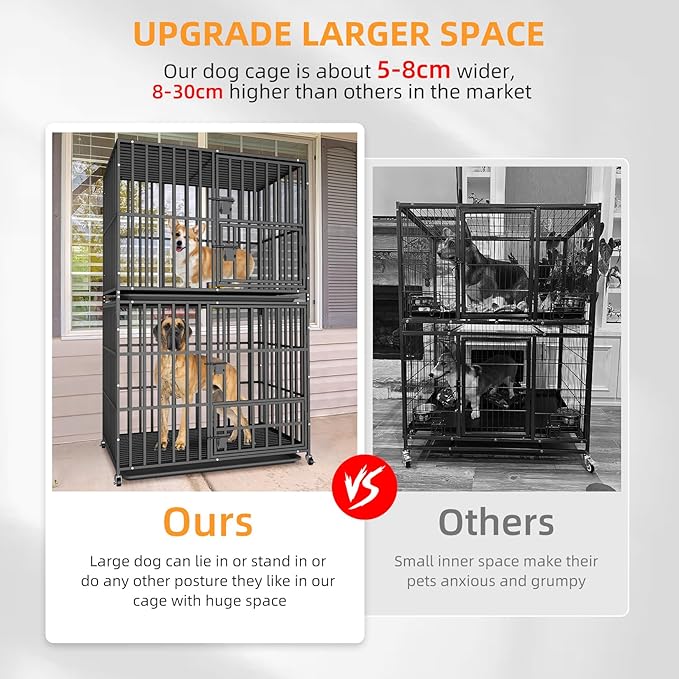BingoPaw Heavy Duty Dog Crate: 38Inch Dog Kennel Stackable Made by Chew Resistant Square Meatl Tube - Two Tiers Dog Kennel Indoor Escape Proof with Wheel and Tray