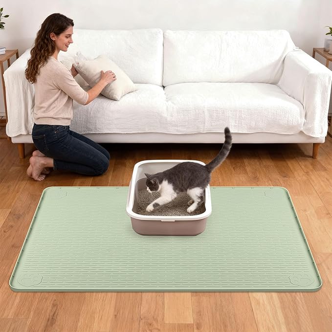 40"x28" Cat Litter Mat Lanstics Cat Mat for Litter Box Large Silicone Litter Box Mat for Kitty Scatter Control Floor Protect (Green)
