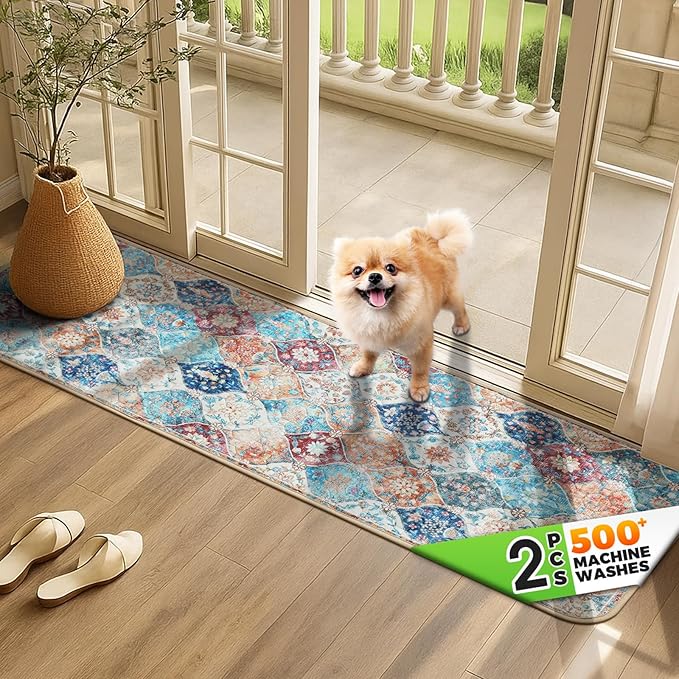 Hompet 2 Pack Super Absorbent Dog Door Mat for Muddy Paws, Washable Pee Pads for Dogs, Reusable Puppy Training Pads, Quick Dry Non-Slip Pet Entryway Rug, Leak-Proof Potty Pad for Indoor Floors 24.8x54